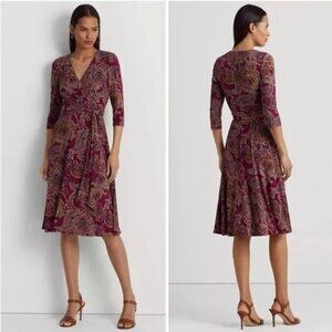 LAUREN RALPH LAUREN Paisley Surplice Jersey 3/4 Sleeve Dress - 10